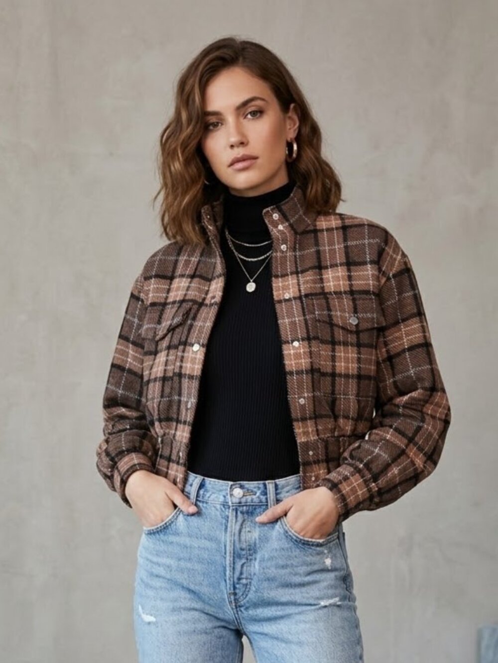 Marled Women's Size Medium Brown Plaid Cropped Snap-Front Bomber Jacket